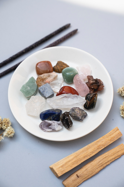 Assortment of crystals in a bowl